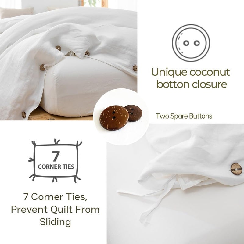 Simple&Opulence 100% Washed Linen Duvet Cover, 3 Pieces Natural Flax French Country Bedding Set, Breathable Farmhouse Comforter Cover with Coconut Button Closure(King,White) - Image 2